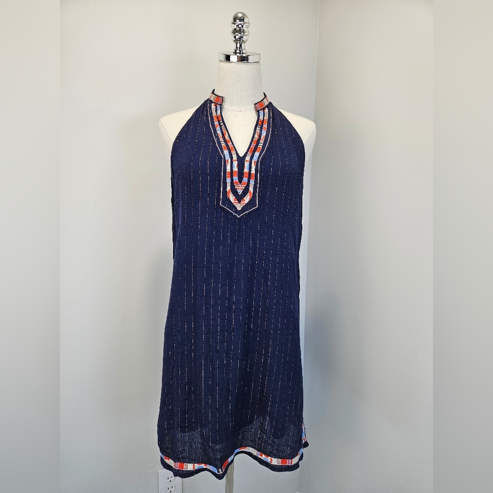 THML Navy Blue Metallic Pinstripe Embroidered‎ Halter Shift Dress NWT Size M